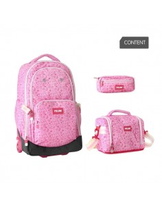 Milan Pink Flowers Pack de Mochila con Ruedas 25L-Bolsa Isotermica Porta Alimentos de 5L-Estuche de 2 Cremalleras