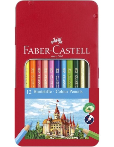Faber-Castell Classic Colour Caja Metalica con 12 Lapices de Colores Hexagonales - Resistencia a la Rotura - Colores Surtidos