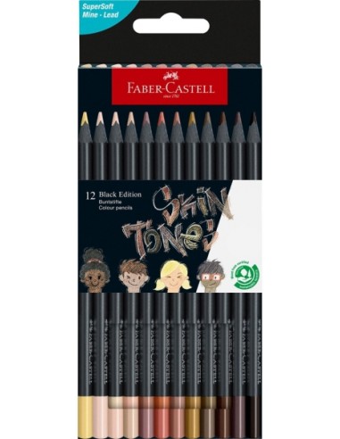 Faber-Castell Black Edition Skin Tones Pack de 12 Lapices de Colores Tonos de Piel - Mina Supersuave - Madera Negra - Ideales