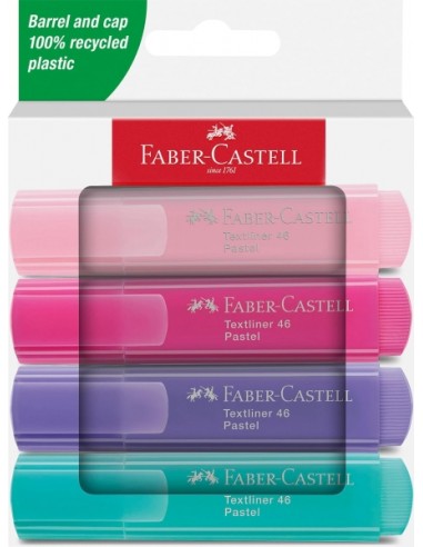 Faber-Castell Textliner 46 Pack de 4 Marcadores Pastel - Punta Biselada - Trazo entre 1mm y 5mm - Tinta con Base de Agua -