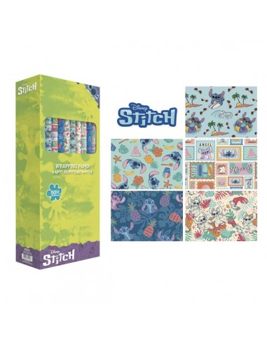 Safta Stitch Waves Expositor con 50 Rollos de Papel Regalo - Medidas del Rollo 70x200cm - 5 Patrones Diferentes -