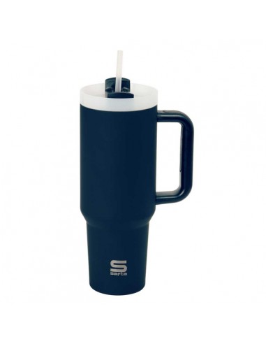 Safta Vaso con Asa Termico - Capacidad 1.2L - Pajita - Base Antideslizante - Acero Inoxidable - Doble Pared - 12h Caliente -