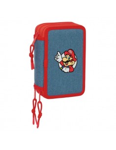 Safta Super Mario Plumier de 3 Pisos - 37 Piezas - Goma - Lapiz - 2 Boligrafos - Sacapuntas - 2 Reglas - 16 Colores - 14