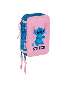 Safta Stitch Lio Plumier de 3 Pisos - 37 Piezas - Goma - Lapiz - 2 Boligrafos - Sacapuntas - 2 Reglas - 16 Colores - 14