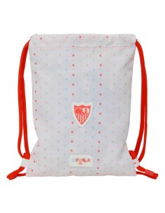 Safta Sevilla FC Preescolar Saco Plano - Cierre con Cordones - Bolsillo Interior con Cremallera - 26x34x1cm - Color Blanco y