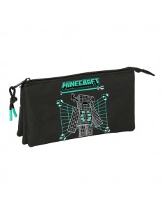 Safta Minecraft Screen Portatodo - 3 Compartimentos con Cremallera - Bolsillo Interior Central - 22x12x3cm - Color Negro