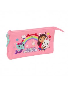 Safta Gabby's Dollhouse Portatodo - 3 Compartimentos con Cremallera - Bolsillo Interior Central - 22x12x3cm - Color Rosa