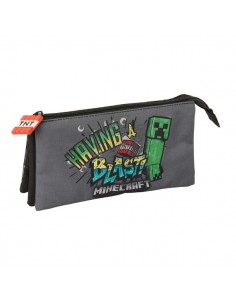 Safta Minecraft Graffiti Portatodo - 3 Compartimentos con Cremallera - Bolsillo Interior Central - 22x12x3cm - Color Gris
