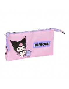 Safta Kuromi Portatodo - 3 Compartimentos con Cremallera - Bolsillo Interior Central - 22x12x3cm - Color Rosa