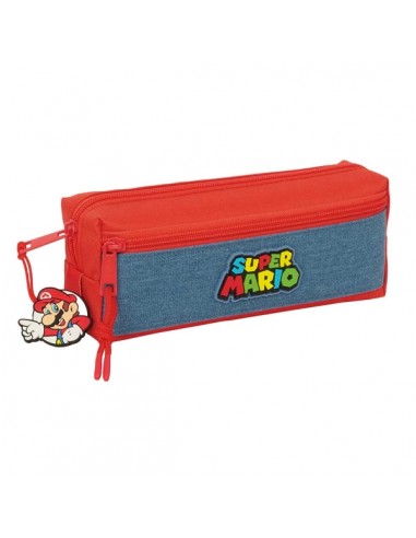 Safta Super Mario Portatodo - 3 Compartimentos con Cremallera - Goma Elastica - Compacto - 22x8.5x6cm - Color Rojo y Azul