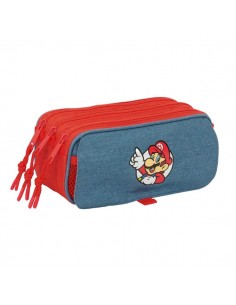 Safta Super Mario Portatodo - 3 Compartimentos con Cremallera - Cinta Trasera Adaptable - Bolsillo Frontal de Rejilla con