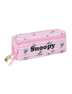 Safta Snoopy Portatodo - 3 Compartimentos con Cremallera - Goma Elastica - Compacto - 22x8.5x6cm - Color Rosa