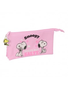 Safta Snoopy Portatodo - 3 Compartimentos con Cremallera - Bolsillo Interior Central - 22x12x3cm - Color Rosa