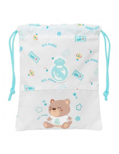 Safta Real Madrid Preescolar Saquito para Merienda - Cierre con Cordon - Compacto - 20x25cm - Color Blanco
