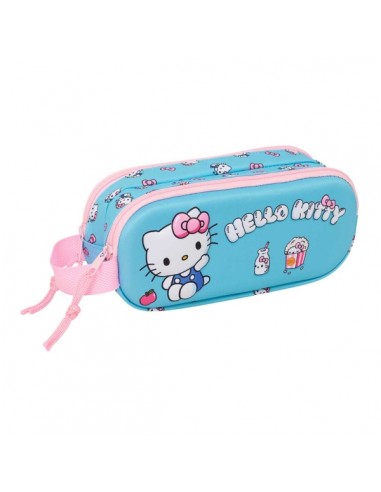 Safta Hello Kitty Portatodo 3D - 2 Compartimentos con Cremallera - Asa Lateral - Capacidad 1L - 21x8x6cm - Color Azul Claro