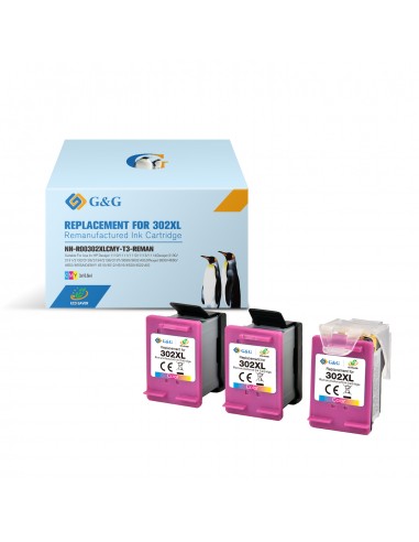 G&G HP 302XL Color Pack de 3 Cartuchos de Tinta Remanufacturados - Eco Saver - Muestra Nivel de Tinta - Reemplaza