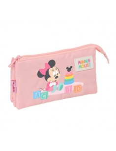 Safta Minnie Mouse Baby Portatodo - 3 Compartimentos con Cremallera - Bolsillo Interior Central - 22x12x3cm - Color Rosa