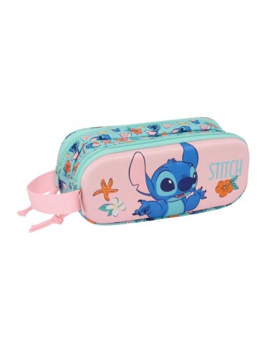Safta Stitch Portatodo 3D - 2 Compartimentos con Cremallera - Asa Lateral - Capacidad 1L - 21x8x6cm - Color Rosa