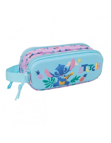 Safta Stitch Portatodo 3D - 2 Compartimentos con Cremallera - Asa Lateral - Capacidad 1L - 21x8x6cm - Color Azul Pastel