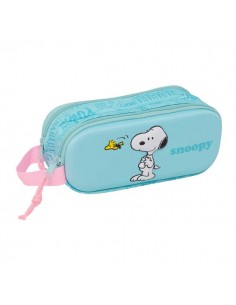 Safta Snoopy Portatodo 3D - 2 Compartimentos con Cremallera - Asa Lateral - Capacidad 1L - 21x8x6cm - Color Azul Pastel