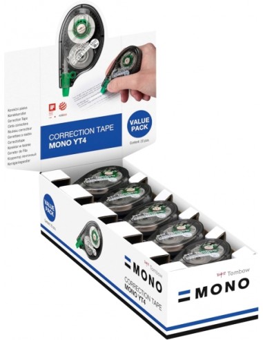 Tombow Mono YT Expositor con 20 Cintas Correctoras - 4.2mm x 10m - PET Resistente al Desgarro - Secado Inmediato - Color