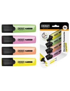 Ingraf Long-Life Pack con 4 Marcadores Fluorescentes - Punta Biselada - Trazo 2-5mm - Tinta Base de Agua - Colores Surtidos
