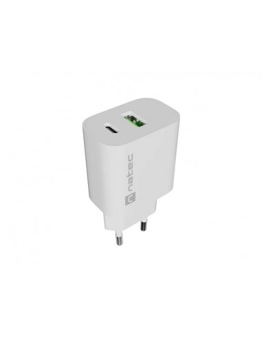 Natec Ribera Cargador de Pared 20W - 1xUSB-A-1xUSB-C - Carga Rapida - 2 Dispositivos Simultaneos - Color Blanco
