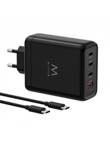 Ewent EW1337 Cargador GAN 140W - 3xUSB-C PD3.1-QC5.0 - 1xUSB-A QC3.0 - Cable 2 Metros - Color Negro