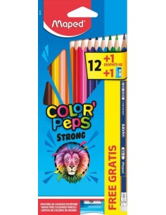 Maped ColorÂ´Peps Strong Pack de 12 Lapices Triangulares de Colores-1 Lapiz de Grafito con Goma-Sacapuntas - Sin Madera