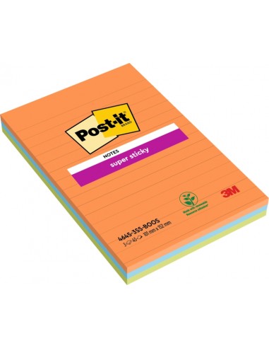 Post-It Super Sticky Pack de 3 Blocs de 45 Notas Adhesivas Reposicionables - Forma Rectangular - 101x152mm - Colores Surtidos