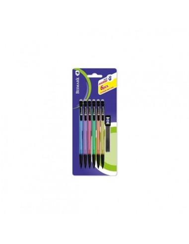 Bismark Pack con 6 Portaminas 0.7mm HB con Goma-1 Cajita de Minas - Punta Retractil - Cuerpos de Colores Surtidos