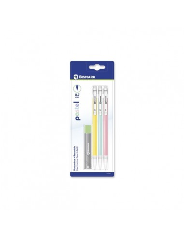 Bismark Pack con 3 Portaminas 0.7mm HB-1 Cajita de Minas - Punta Retractil - Cuerpos de Colores Pastel Surtidos