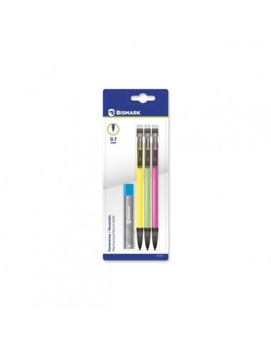 Bismark Pack con 3 Portaminas 0.7mm HB-1 Cajita de Minas - Punta Retractil - Cuerpos de Colores Neon Surtidos