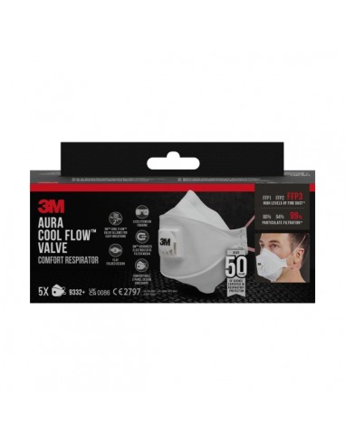 3M Aura Comfort Cool Flow Pack de 5 Mascarillas para Particulas FFP3 - Desechable - con Valvula - para Altos Niveles de