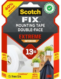 Scotch-Fix Cinta de Montaje para Interior Extremo de Doble Cara - Promocion 40-Gratis - 19Â mm x 3m - Color Blanco