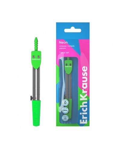 ErichKrause Neon Compas Escolar - Cuerpo Metalico - 120mm de Longitud - Radio Maximo de 180mm - Bolsa de Polietileno - Color