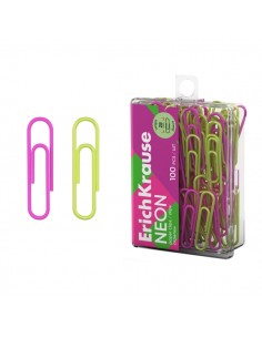 ErichKrause Neon Pack de 100 Clips Recubiertos - 28mm - Caja de Plastico - Colores Surtidos