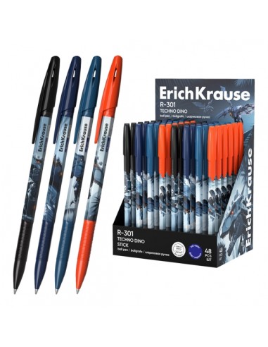 ErichKrause R-301 Stick Techno Dino Expositor con 48 Boligrafos con Capuchon - Modelos Surtidos - Trazo 0.35mm - Tinta de