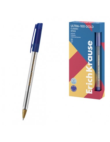 ErichKrause ULTRA-100 Gold Stick Classic Boligrafo con Capuchon - Punta de Aguja 0.5mm - Cuerpo Transparente - Trazo 0.25mm -