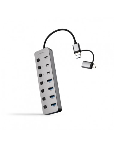 Nanocable Hub USBA USB-C - 4x USB-A-3x USB-C 3.0-USB-C 5V - Interruptores Individuales ON OFF - Cable 18cm - Color Plata