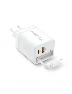 Energy Sistem Retractable Charger Cargador GaN 20W - 1x USB-C PD-1xUSB-A-Cable USB-C 60cm Retractil - Carga Inteligente y