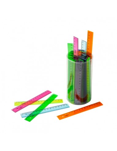 Faibo Bote con 100 Reglas Escolares de 16cm - Colores Fluor Tranparentes Surtidos
