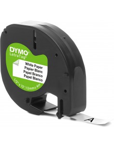 Dymo LetraTag S0721510 Cinta de Etiquetas Original para Rotuladora - Texto negro sobre fondo blanco - Ancho 12mm x 4 metros