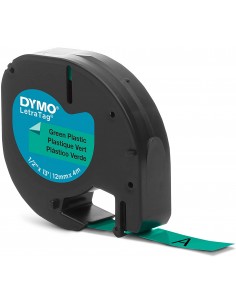 Dymo LetraTag S0721640 Cinta de Etiquetas Original para Rotuladora - Texto negro sobre fondo verde - Ancho 12mm x 4 metros