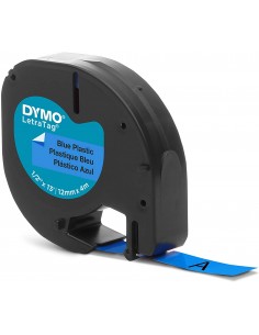 Dymo LetraTag S0721650 Cinta de Etiquetas Original para Rotuladora - Texto negro sobre fondo azul - Ancho 12mm x 4 metros