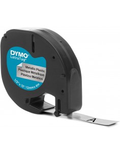Dymo LetraTag S0721730 Cinta de Etiquetas Original para Rotuladora - Texto negro sobre fondo metalico - Ancho 12mm x 4 metros