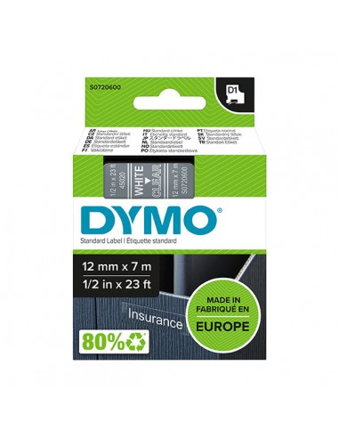 Dymo LM D1 45020 Cinta de Etiquetas Original para Rotuladora - Texto Blanco sobre Fondo Transparente - Ancho 12mm x Largo 7m