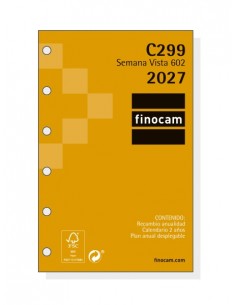 Finocam C299 Recambio para Agenda Classic - Anual 2027 - Semana Vista Horizontal - Formato 602 - 73x114mm - 6 Taladros -
