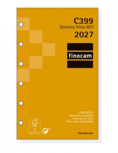 Finocam C399 Recambio para Agenda Classic - Anual 2027 - Semana Vista Horizontal - Formato 603 - 79x127mm - 6 Taladros -