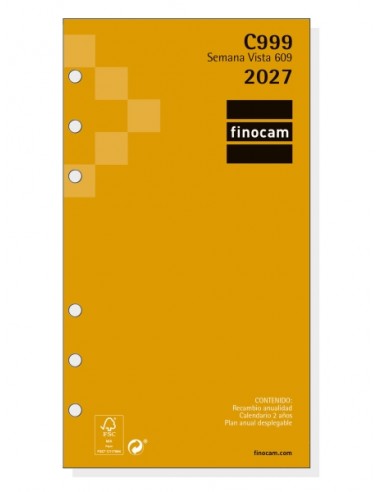 Finocam C999 Recambio para Agenda Classic - Anual 2027 - Semana Vista Horizontal - Formato 609 - 94x171mm - 6 Taladros -